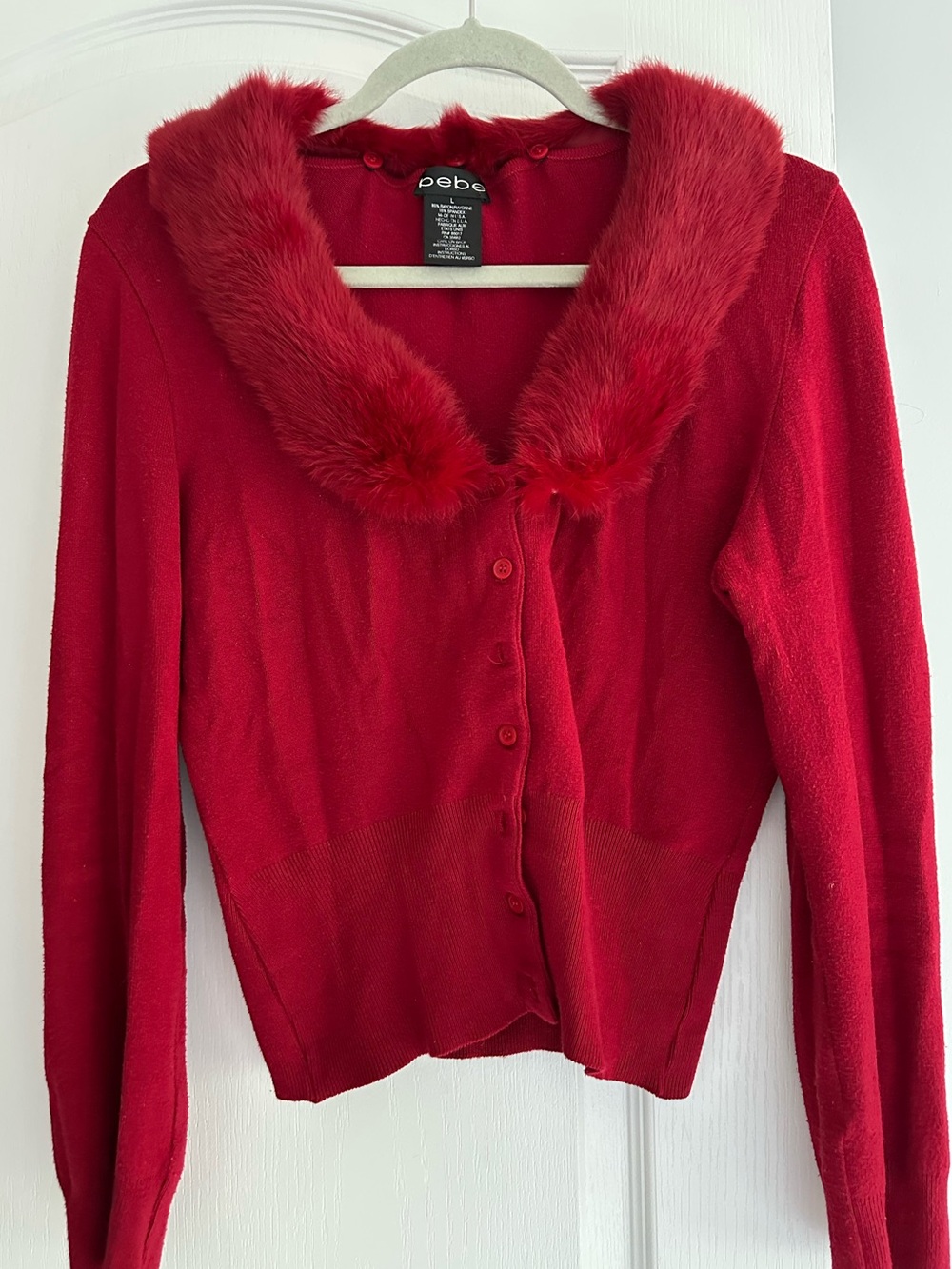 bebe Red Faux Fur Collar Cardigan